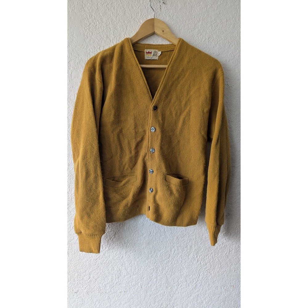 Vtg Grant Crest‎ Orlon Acrylic Mustard Yellow Cardigan Sweater Mens L